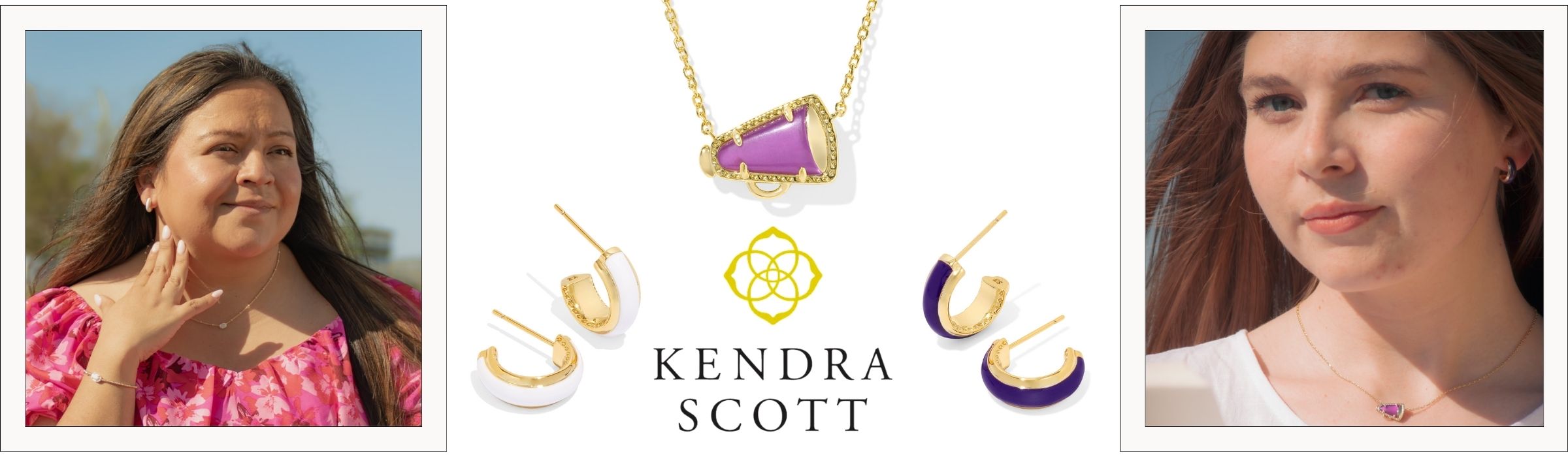 Two women wearing Kendra Scott jewelry, including gold and purple earrings and a pendant necklace, are featured beside product images of matching jewelry pieces, with the Kendra Scott logo centered.